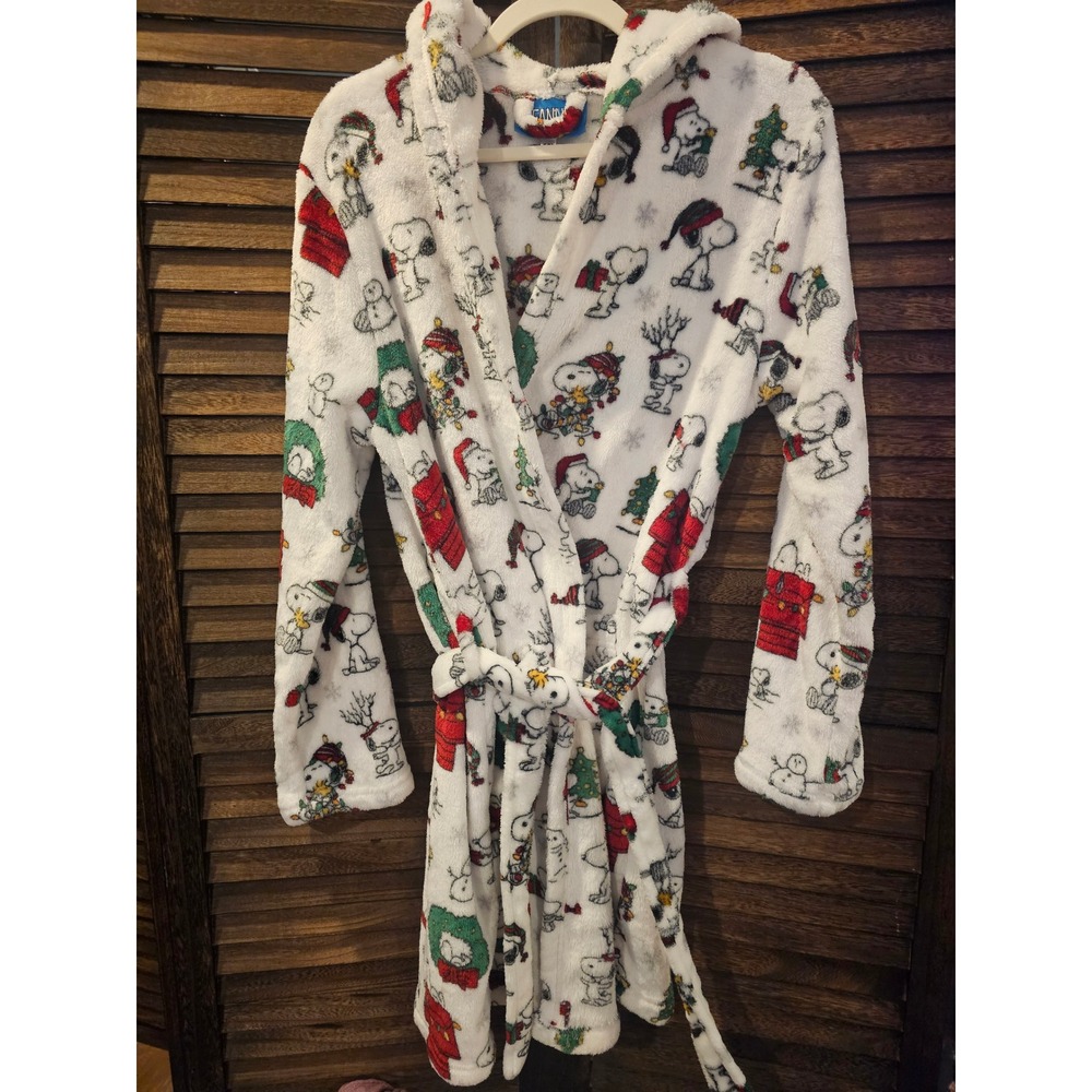 Peanuts Robe Womens S M White Snoopy Christmas Plush Fleece Hooded Belted #894